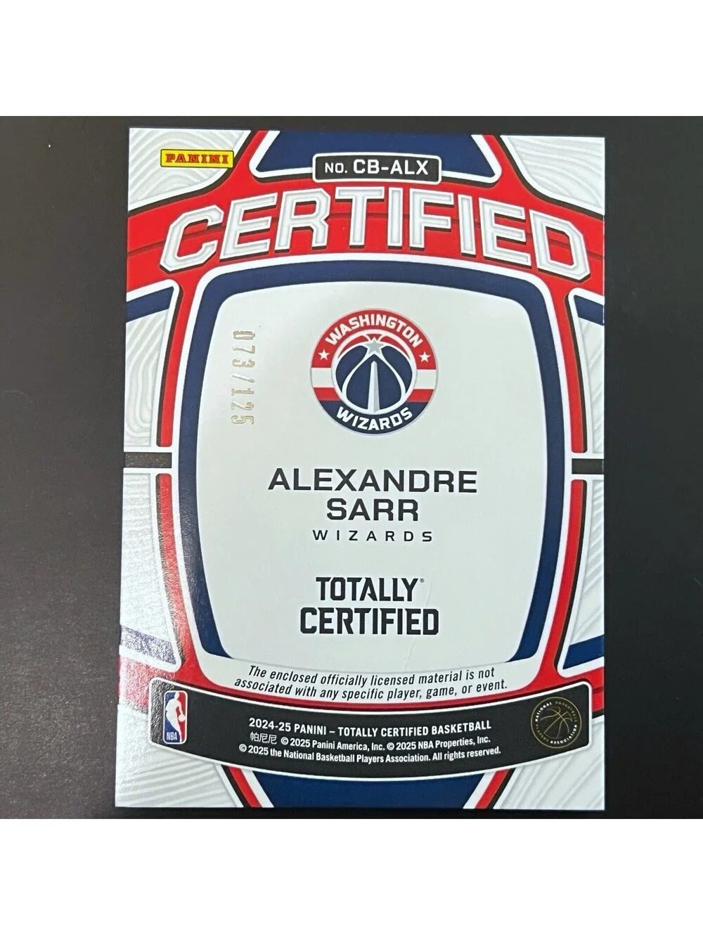 2024-25 Panini Totally Certified Alexandre Sarr Baller Relic RC CB-ALX #'d /125